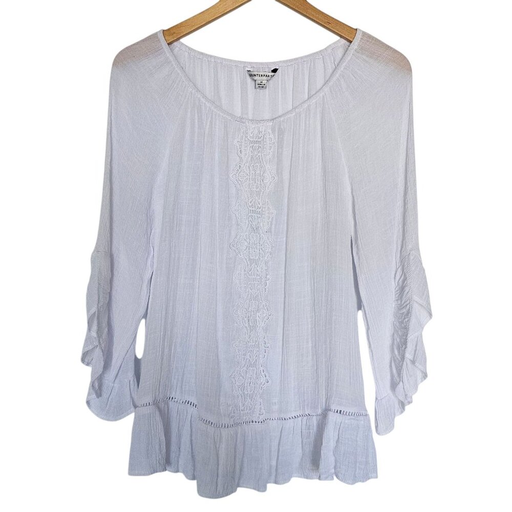 Counterparts White Boho‎ Top Sheer Blouse Embroidered Lace Ruffle Size M Peasant